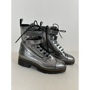 Shellys London Bootie 39 Silver Metallic Distressed Leather‎ Combat Boots Womens